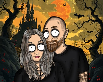 Personalisierte Albtraum Portrait - Valentinstag Geschenk - Tim Burton Stil Portrait - Horror Hintergründe - Handgemachte digitale Kunstwerke
