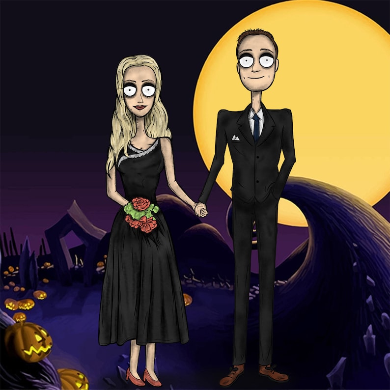 May include: A digital illustration of a couple dressed in black formal wear. The woman is holding a bouquet of red and green flowers. The background is a dark purple and black scene with a large yellow moon.