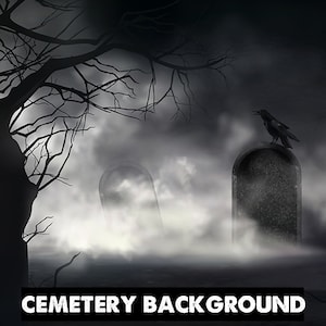May include: A black and white image of a spooky cemetery scene with two tombstones and a crow perched on one of them. The scene is shrouded in fog and a bare tree branch is visible in the background.
