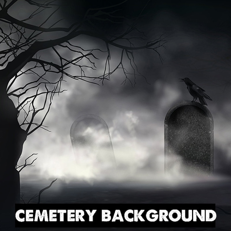 May include: A black and white image of a spooky cemetery scene with two tombstones and a crow perched on one of them. The scene is shrouded in fog and a bare tree branch is visible in the background.