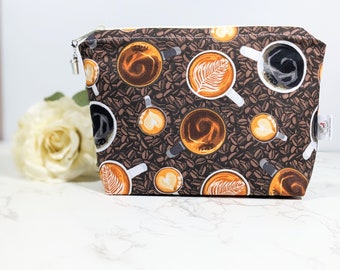 Coffee Shop Knitting Project Bag, Zippered Cotton Yarn Storage
