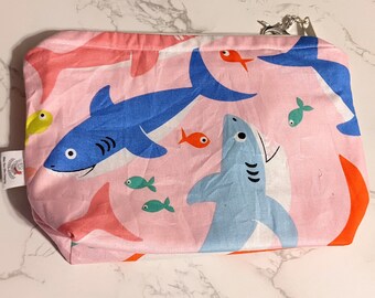 Shark week knitting project bag, medium size project bag, zippered bag, knitting needles, yarn, sharks, travel bag, yarn storage bag