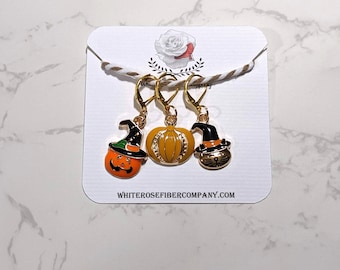 Halloween Stitch Markers, Witch Cat, Pumpkins, Knitting Crochet Progress Keepers