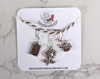 Book lover stitch markers for knitter, crocheters, handmade, cutesy, cottage core, fall, cozy, autumn, readers, teapots, novels
