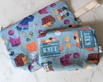 Yarn knitting project bag, crochet project bag, yarn storage bag, knit themed print, knitting needles, wip baskets