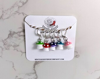 Mushroom stitch markers for knitter, crocheters, green, red, purple, blue, pink, handmade, cutesy, cottage core, fall, cozy, autumn