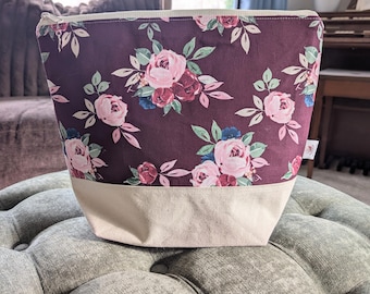 Burgundy floral Knitting/Crochet Project Bag / Yarn Storage