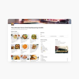 Peut inclure: Tableau de bord numérique intitulé "The Ultimate Home Chef Dashboard by Gridfiti", avec un gestionnaire de recettes, un suivi des courses et un modèle de planificateur de repas. Il affiche des recettes, un répertoire, une section "What's Cooking", une liste "To-Do" et une liste de courses.