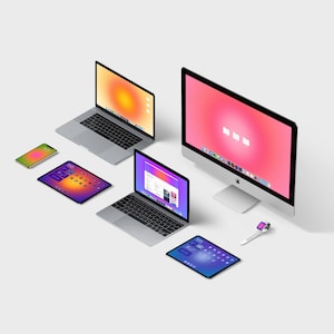 Puede incluir: Una colección de dispositivos Apple, que incluye una computadora de escritorio, dos computadoras portátiles, una tableta, un teléfono inteligente y un reloj inteligente. Todos los dispositivos presentan un fondo degradado de colores con un icono blanco en la pantalla.
