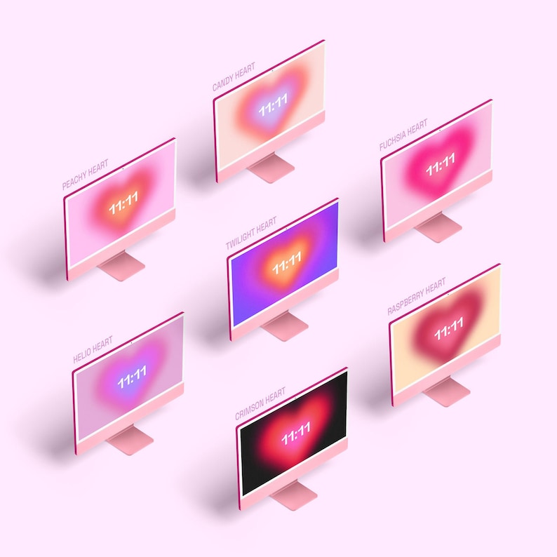 May include: Six computer monitors with pink frames and different colored backgrounds. Each monitor displays a heart shape with the numbers 11:11 in white text. The backgrounds are peach, candy, fuchsia, twilight, helio, and crimson.