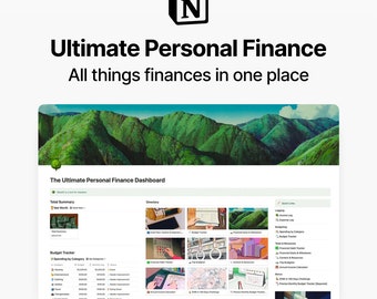 May include: A screenshot of a computer screen showing a dashboard for personal finance management. The dashboard is titled "The Ultimate Personal Finance Dashboard" and includes sections for "Total Summary", "Budget Tracker", and "Directory". The dashboard is designed to help users track their finances, budget, and manage their money.