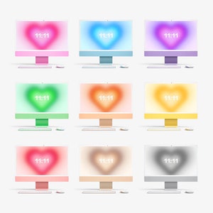 Puede incluir: Nueve monitores de ordenador con fondos de diferentes colores. Cada monitor muestra una forma de corazón con el número 11:11 en su interior. Los colores de los monitores son rosa, azul, morado, verde, naranja, amarillo, rojo, beige y gris.