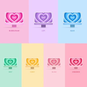 Könnte beinhalten: Sechs Computerbildschirme mit verschiedenen Hintergrundfarben und einem herzförmigen Design, auf dem jeweils die Uhrzeit 12:24 angezeigt wird. Die Farben sind Bubblegum-Rosa, Lila, Blau, Grün, Gelb und Rosa.