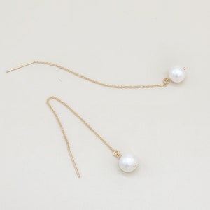 Freshwater Pearl Ear Threader | 14k Gold Filled Delicate Earrings | Minimalist Dainty Style | June Birthstone Gift