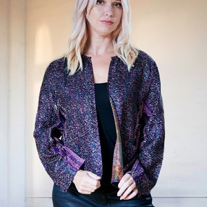 Purple Kantha Silk Jacket 33, Hand stitched Jacket, Purple Jacket, Kantha Stitch, Recycled Silk Jacket, Upcycled Jacket, Boho Jacket