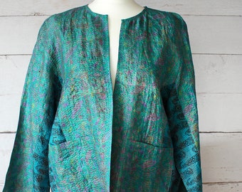 Blue Kantha Silk Jacket 27, Hand stitched Jacket, Turquoise Print Jacket, Kantha Stitch, Recycled Silk Jacket, Upcycled Jacket, Boho Jacket