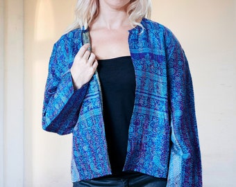 Blue Kantha Silk Jacket: Hand-Stitched Recycled Sari, Boho Style