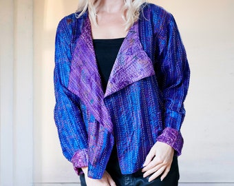 Purple Kantha Silk Jacket, Hand stitched Jacket, Purple Print Jacket, Kantha Stitch, Recycled Silk Jacket, Magenta Silk Jacket, Boho Jacket