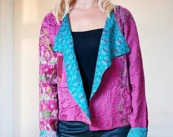 Pink Kantha Silk Jacket, Hand stitched Jacket, Pink Print Jacket, Kantha Stitch, Recycled Silk Jacket, Green Silk Jacket, Boho Jacket