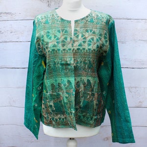 Green Kantha Silk Jacket 02, Hand stitched Jacket, Green Print Jacket, Kantha Stitch, Recycled Silk Jacket, Upcycled, Boho Jacket