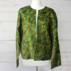 Green Kantha Silk Jacket 07, Hand stitched Jacket, Green Print Jacket, Kantha Stitch, Recycled Silk Jacket, Upcycled, Boho Jacket