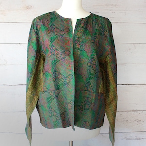 Green Kantha Silk Jacket 06, Hand stitched Jacket, Green Print Jacket, Kantha Stitch, Recycled Silk Jacket, Upcycled, Boho Jacket
