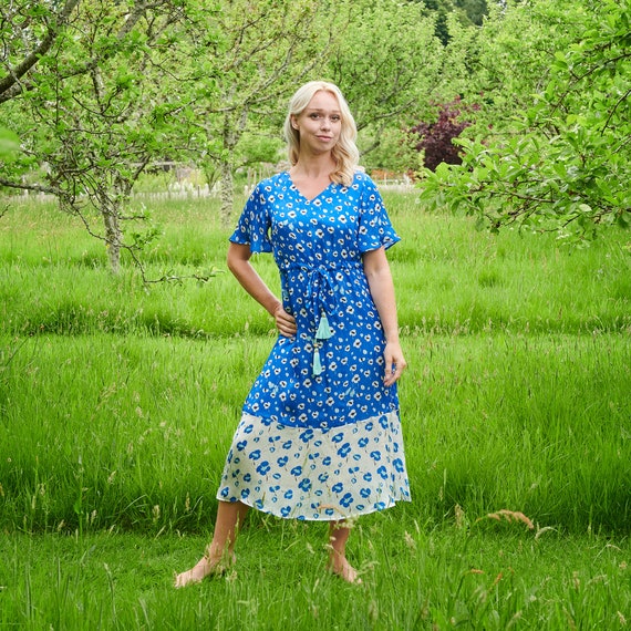 Blue Poppy Print Cupro Silk Dress: Eco-Friendly Midi Dress Blue Poppy Print Cupro Silk Dress: Eco-Friendly Midi Dress
