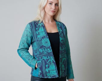 Turquoise Kantha Stitch Silk Jacket: Upcycled Boho Style