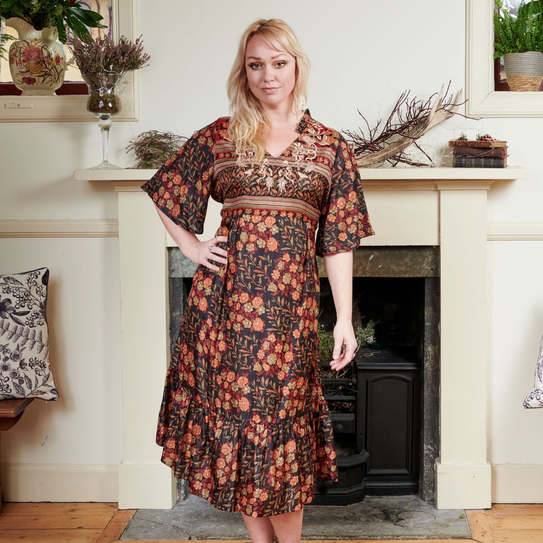 Embroidered Black Silk Sari Dress: Recycled Artisan Boho Dress