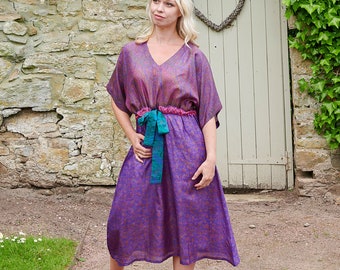 Purple Silk Dress, Recycled Dress, Silk Dress, Upcycled Dress, Ethically Made, Purple Silk Dress, Pink Print Dress, Ladies Dress