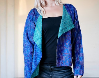 Blue Kantha Silk Jacket, Hand stitched Jacket, Blue Print Jacket, Kantha Stitch, Recycled Silk Jacket, Green Silk Jacket, Boho Jacket