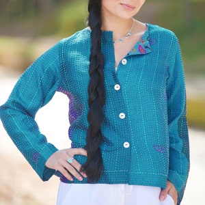 Blue Kantha Silk Jacket, Hand stitched Jacket, Purple Kantha Jacket, Kantha Stitch, Recycled Silk Jacket, Green Silk Jacket, Boho Jacket