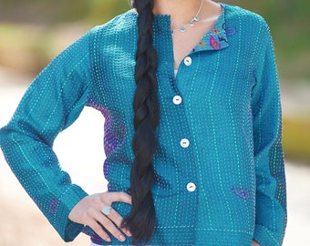 Blue Kantha Silk Jacket: Hand-Stitched Recycled Sari, Boho Style