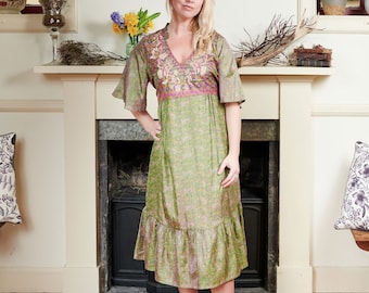 Green Silk Sari Dress: Embroidered Recycled Silk, Boho Style - Etsy