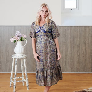 Blue Silk Sari Dress: Embroidered Recycled Silk, Boho Midi