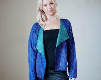 Blue Kantha Stitch Silk Jacket: Recycled Sari Boho Coat