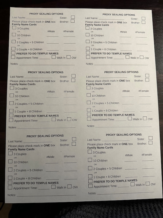 LDS Temple Proxy Sealing Slip Options Card PDF