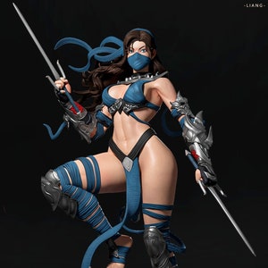 May include: A detailed figurine of a female warrior in a dynamic pose, clad in a blue and black outfit with silver armor. She holds two bladed weapons, with her face partially covered by a mask. The figure stands on a rocky base.