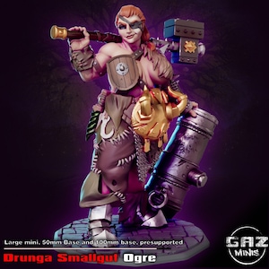 May include: A detailed miniature figure of a female ogre, "Drunga Smallgut Ogre", with red hair and an eye patch, holding a large hammer and a cannon. The figure is wearing armor and a shield. The base is 50mm and 100mm.