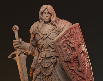May include: A detailed statue of a knight in full armor, holding a large sword and shield. The shield features a cross design. The knight stands on a circular base with a cobblestone pattern. The statue is a light brown color.
