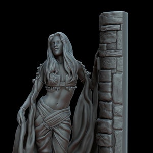 May include: A gray 3D-printed figurine of a woman in flowing attire, leaning against a stone pillar. The figure has long hair and is adorned with jewelry. The base is circular, and the background is black.