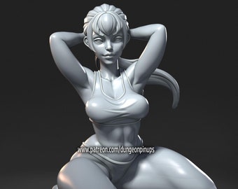 May include: A gray figurine of a woman in a sports bra and briefs, kneeling with her hands behind her head. The figurine has a stylized design. The text "Dungeon pin-ups" is at the bottom left, and a website address is at the bottom right.