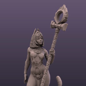 Ankhusu with Staff alt | Female fantasy miniature egyptian mythology cat girl 3d resin print pin up miniature | 35mm / 75mm | by Mini Dreams