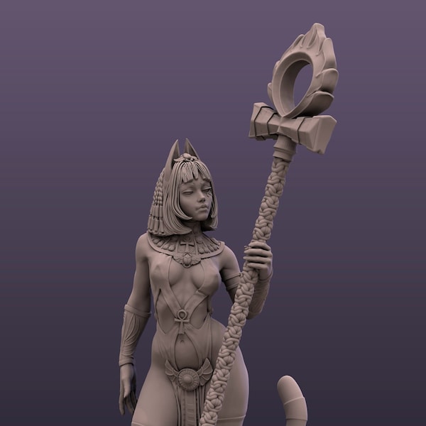 Ankhusu with Staff alt | Female fantasy miniature egyptian mythology cat girl 3d resin print pin up miniature | 35mm / 75mm | by Mini Dreams