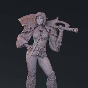 May include: A detailed, gray figurine of a female warrior, posed confidently. She wears textured armor and holds a large weapon over her shoulder. The figure stands on a stone base, with a dark background.