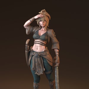 Olistin Alatel | Female fantasy miniature Fighter DnD Pin up miniature 3d Resin printed model | 32mm - 75mm | by HardWitch Games