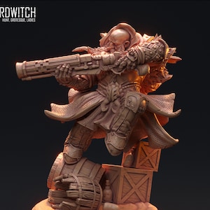 May include: A detailed, brown resin figurine of a bearded warrior aiming a large rifle. The figure is posed dynamically, standing on a base with a barrel, crates, and bottles. The base has a Celtic knot design. The Hardwitch Games logo is in the upper left.