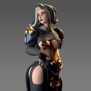 May include: A 3D rendered female figure in a fantasy outfit. The figure wears a black outfit with gold accents, including shoulder armour and a decorative belt. The figure has black hair with white streaks and is posed on a round platform.