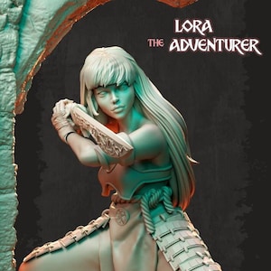 May include: A 3D-printed figurine of Lora the Adventurer, a female warrior. She is posed with a weapon, wearing armor and a flowing outfit. The figurine is in a light green color, with the text "LORA THE ADVENTURER" above her.