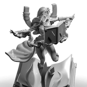 May include: A monochrome figurine depicting a woman in a flowing gown, holding an open book. The figure is posed dynamically, with arms outstretched and a cape billowing behind her. The base features stylized book pages and decorative elements.